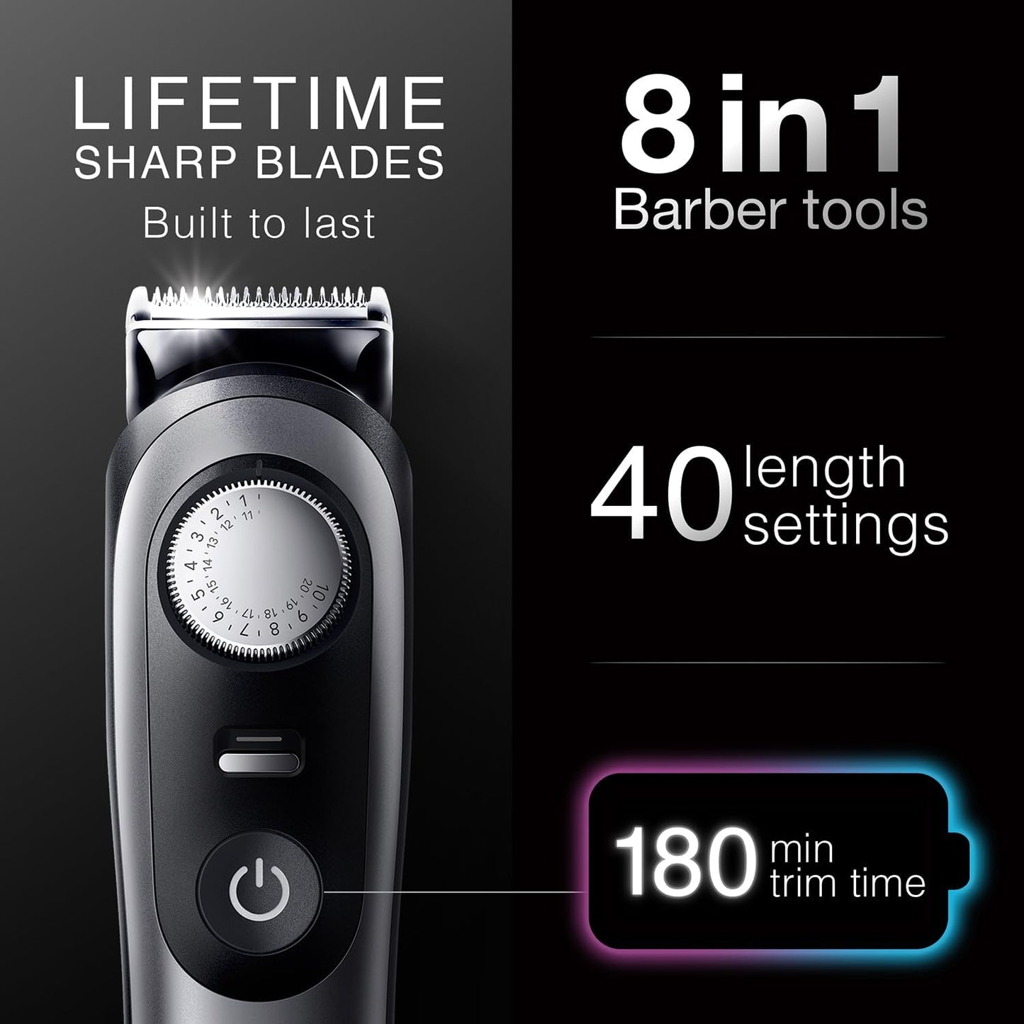 All-in-One Trimmer for Men , Cordless with 180-Min Runtime, Lifetime Sharp Metal Blades, Waterproof, Precision Comb, 50+ Length Settings, Premium Case, 8-in-1