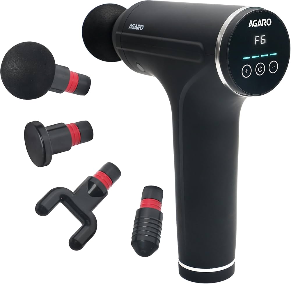 Massager Gun 4 Heads, 6 Speed, Rechargeable, Handheld, Percussion Muscle Massager for Full Body Relief, Muscle Relaxation of Neck, Shoulder, Back, Foot for Men & Women, Black