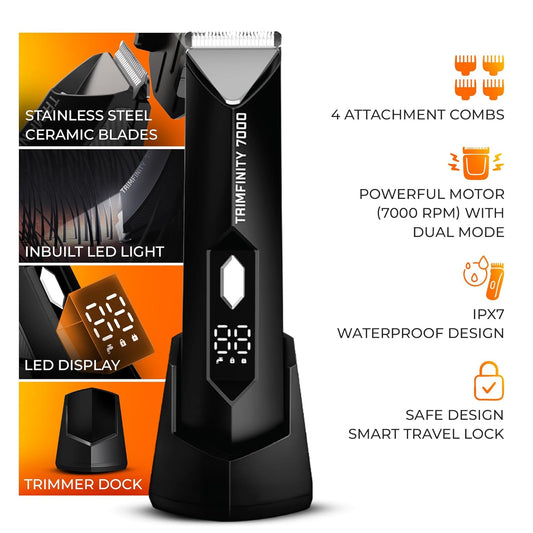 Full Body Trimmer for Men- Safest Body & Private Part Trimmer - Pubic Hair Groomer, Underarm - Waterproof, Ceramic Blades, Rechargeable with Wireless Fast Charging,Black