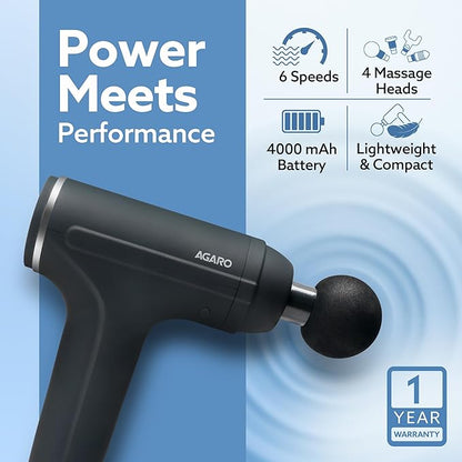 Massager Gun 4 Heads, 6 Speed, Rechargeable, Handheld, Percussion Muscle Massager for Full Body Relief, Muscle Relaxation of Neck, Shoulder, Back, Foot for Men & Women, Black